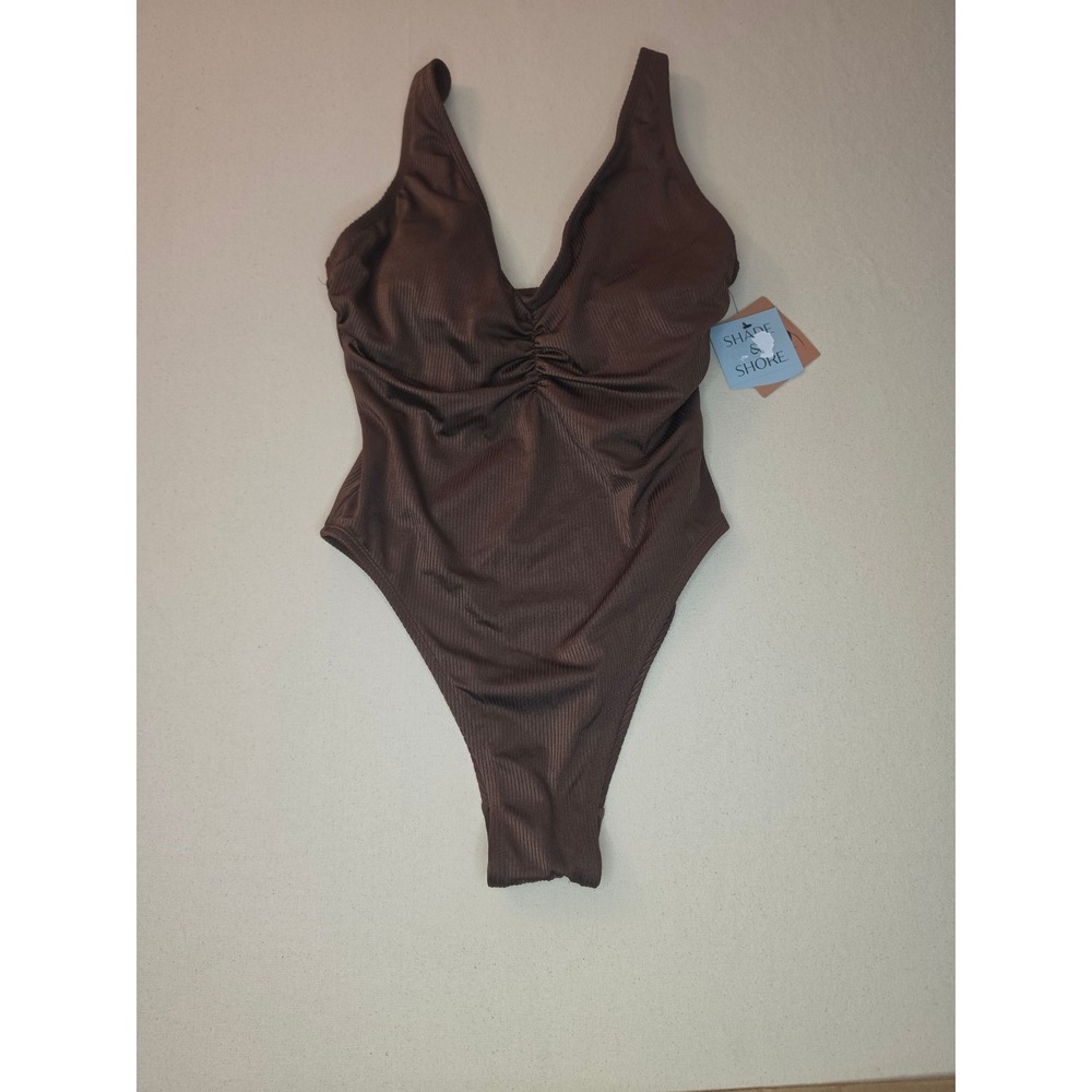 Shade & Shore Plunge V-Neck One Piece Swimsuit Brown Small NWT
